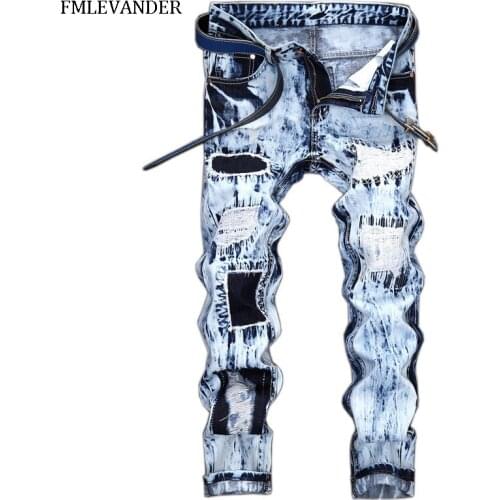 Plus Size 42 Vintage Washed Hole Ripped Biker Jeans Straight Patchwork Pants Stretch Denim Men Jeans