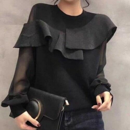 2021 Spring Autumn New Korean Fashion Solid Color Simplicity Round Neck Ruffle Long Sleeve Women Blouse Temperament Casual