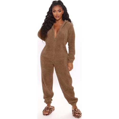 Women Bodysuit Jumpsuits Autumn And Winter European And American Pure Color Plush Hooded Long Sleeve Thermal Home With Ears