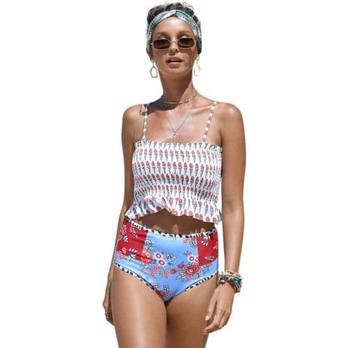 SAILBEE Swimwear Women Swimsuit Smocked Padded High Waist Bandeau Bathing Suit Biquini Sexy Women Swimsuit Bikini LC411364