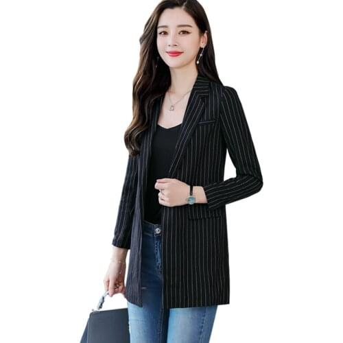 Bri Spring and Autumn New Womens Striped Small Suit Womens Jacket Long Sleeve Medium Long Retro Strip Striped suit female coat