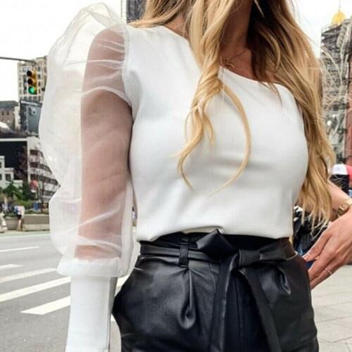 Women One Shoulder Sheer See-through Long Puff Sleeve Tops Blouse Clubwear One Shoulder Jumpsuit Sexy Rompers Party Bodysuit