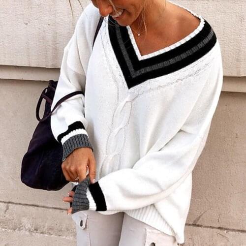 White Y2k Jumpers Women Oversizedboyfriend Style Stripe V Neck Twist 90s Aesthetic Knitwear Autumn Winter Korean Knit Sweaters