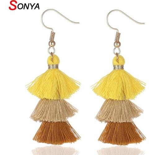 SONYA Handmade Bohemian 3 Layered Fringed Statement Tassel Earrings Long Dangles Ear Broncos Silk Fringed Jewelry For Women