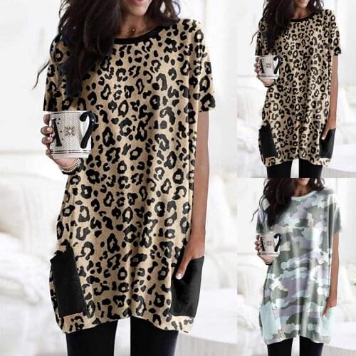 WomenS Dress Summer Sexy Hot Leopard Print Camouflage Splicing Pocket Casual Round Neck Short Sleeve T-Shirt Dress платье 50