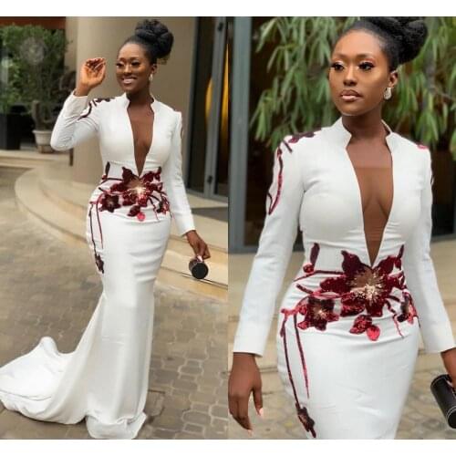 Vestidos White Mermaid Sexy African Evening Dresses Long Sleeves Appliques Deep V-neck Prom Formal Gowns 2021 Celebrity Wear