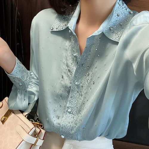 2021 Autumn Fashion design womens turn down collar beading rhinestone patched long sleeve satin fabric blouse shirt plus size