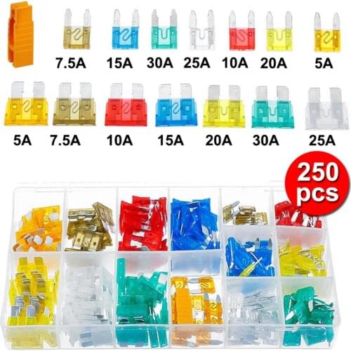 250pcs/set Mixed Car Fuses Assortment 5A 7.5A 10A 15A 20A 25A 30A AMP Fuse Set Standard & Mini Blade Fuse Universal with Clip