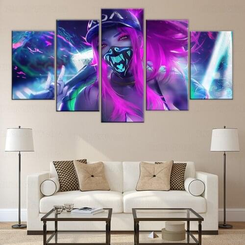 Framed Game Kda Akali Mask Neon League of Legends Poster Home Decor Wall Artwork Canvas Printing Type Modular Pictures 5 Piece