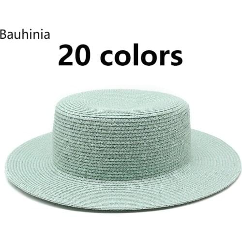 Bauhinia 2021 New Womens Hat Solid Color Panama Straw Sun Hat Summer Breathable Boater Beach Flat Top Hat