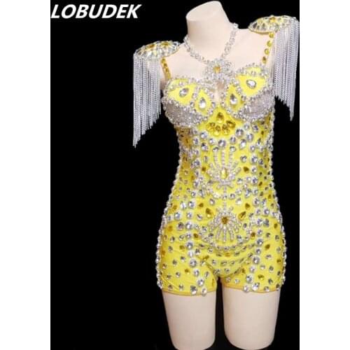 Sparkly Glass Rhinestones Epaulet Tassels Yellow Bodysuit Women Nightclub Luxurious Stage Wear Bar Club Jazz Dance Team Costume