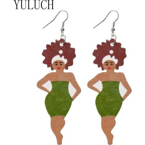 YULUCH African Lady Print Big Pendant Earrings For Woman Party Jewelry Natural Wood Simple Earring