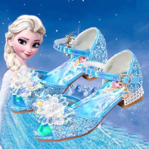 Disney childrens cartoon frozen princess girl non-slip soft sole high heel sandals party show dance shoes crystal sequin shoes