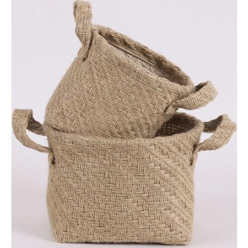Jute Linen Fabric Small Home Decoration Storage Basket Box Kids Toys Flowerpot Laundry Organizer With Handle For Organizing