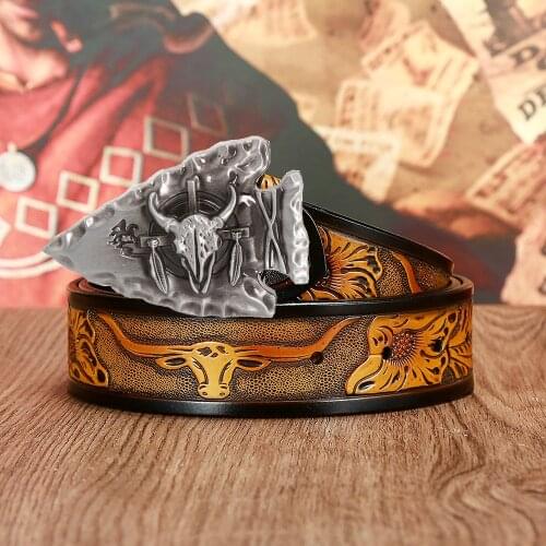 Western cowboy leather retro belt domineering bull buckle headband pattern retro belt