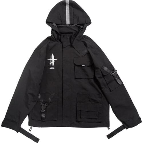Techwear Black Reflective Tactical Functional Cargo Jackets Coats Men Streetwear Pullover Multi-Pocket Hoody Casual Windbreaker