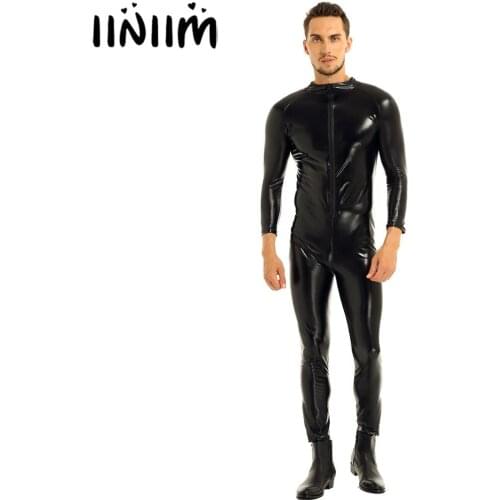 Iiniim Mens Wetlook Clubwear Zipper Bodystocking Jumpsuit Costume Jockstraps Male Night Club Cocktail for Stage Performance