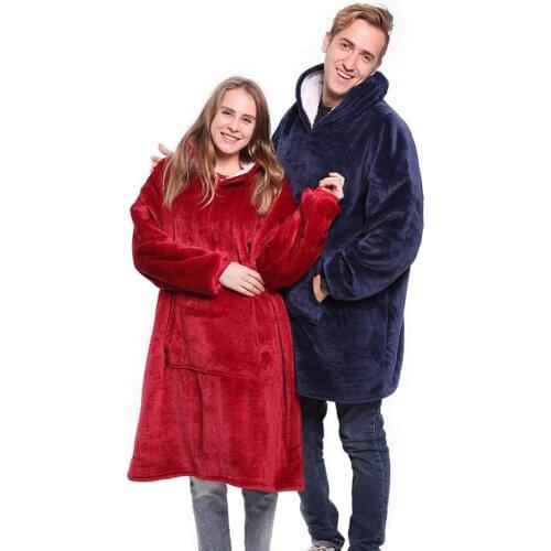 Solid Blue Grey Red Fleece Hooded Blanket With Sleeves Sherpa Plush Winter Outdoor hoodie Robe Soft Warm Wearable TV Blanket