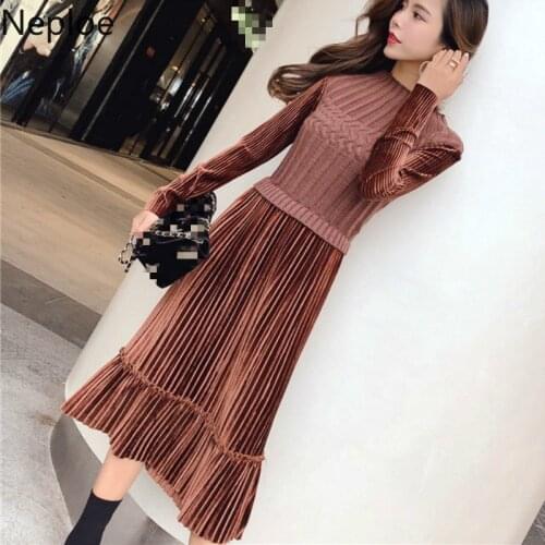 Neploe Stand Collar High Waist Hip Vestido Solid Patchwork Fake Two Pcs Knit Long Sleeve Dress Autumn Spring Pleat Ropa 47997