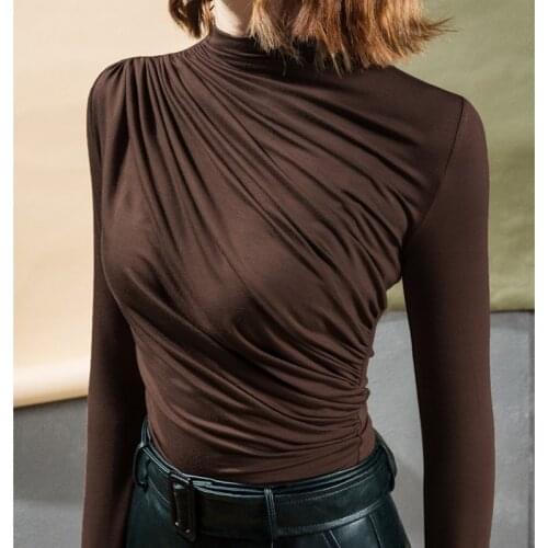 Early Autumn New Casual Lazy Long Sleeve T-Shirt Pleated Slash Collar Slim Fit Waist Inside Bottoming Shirt