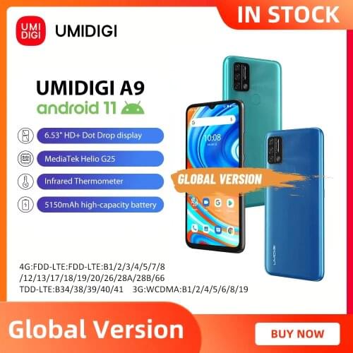 UMIDIGI A9 Global Version Smartphone Android 11 Helio G25 Octa Core 3GB+64GB 6.53"13MP AI Triple Camera HD+ 5150mAh Cellphone