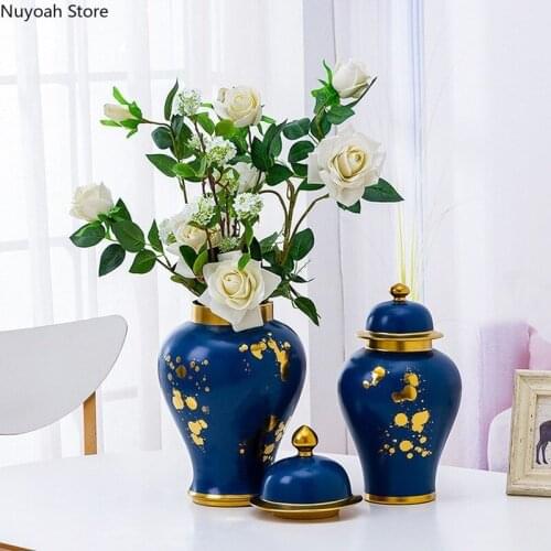 Chinese General Jar Vase Decoration Flower Arrangement Accessories Blue Ceramic Vase with Lid Home Decoration Ginger Jar