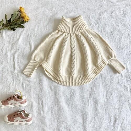Kids Girls Casual Knitted Solid Color Sweater, Beige Turtleneck Batwing Sleeves Cloak Pullover Tops for Winter/ Autumn 1-6Years