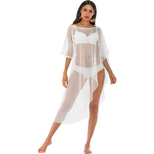 Womens Irregular Strapless One Word Collar Solid Color Hollow Perspective Sexy Grid Short Sleeve Bohemian Beach Bikini Cover Up