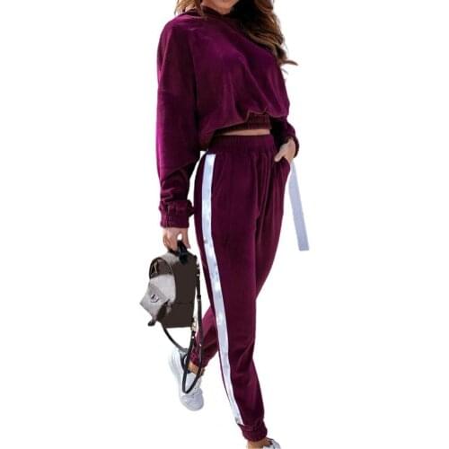 Women Autumn Long Sleeve Velvet Hoodie Crop Top Pants Sports Tracksuit Outfit