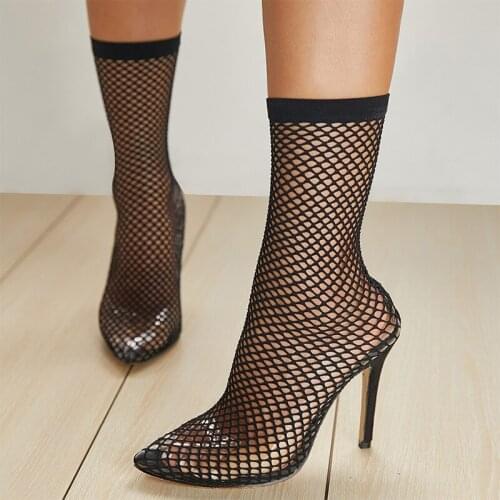 Women Sexy Ankle Boots Womens Fishnet Stocking High Heels Woman Hollow Out Ladies Pumps Female Pointed Toe Shoes Plus Size