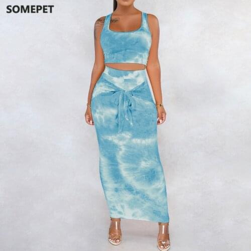 Womens Sexy Sets Summer Tie-dye Camisole Waistless Hip Skirt Set Comfortable Leisure Fashion Personality Unique Skirt Set