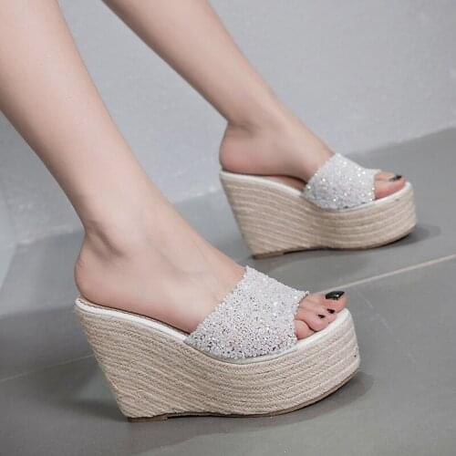 11CM high-heeled womens shoes summer new waterproof platform thick-soled hemp rope woven slippers fashion rhinestone sandals