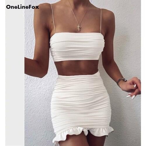 OneLineFox Two Piece Set Club Wear Ruffles Mini Sexy Summer Dresses White Off Shoulder Ruched Short Bodycon Party Dress Women