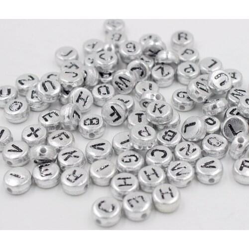 100pcs/Lot Size 7*4mm Handmade Silver Round Alphabet/Letter Acrylic Beads for DIY Bracelet Necklace Random letter Gift