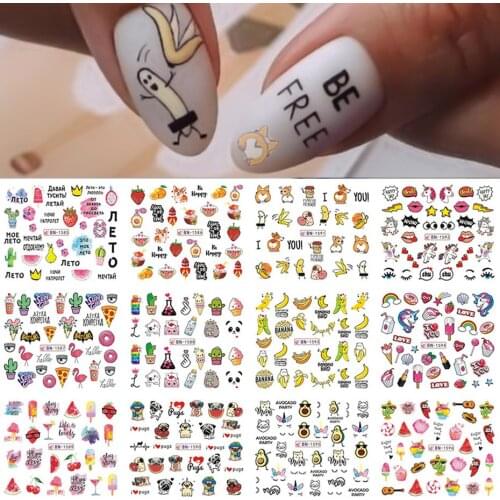 12pcs Summer Nail stickers Cartoon Unicorn Banana Flamingo Avocado Corgi Water Transfer Slider Nail Art Decoration NLBN1585-1596