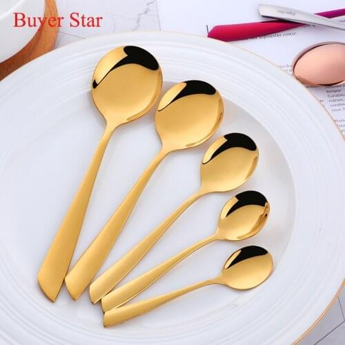 5pcs Multi-size golden stainless steel spoon set mini coffee teaspoons food serving dinner soup spoons metal table flat ware set
