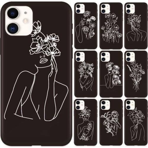 Art Abstract Women Face Line Soft Phone Case for IPhone 11 Pro Max 12 Pro SE 7 8 Plus XR XS Max X Flower Lady Black Phone Cover