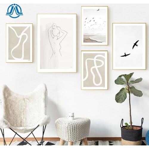 Abstract Nude Woman Beige Line Art Canvas Painting Nordic Beach And Bird Posters And Prints Wall Pictures For Living Room Decor