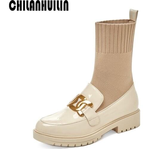 Brand boots comfortable rubber boots ladies fashion metal buckle ankle sock boots for women autumn female thick heel nude pumps