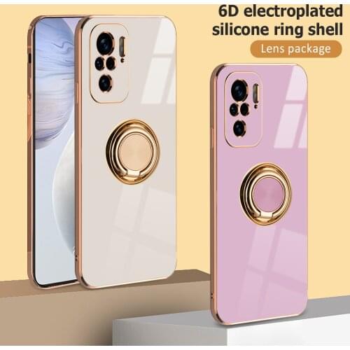 Plating Ring Holder Phone Case For Xiaomi Redmi Note 10 Pro Max 10S Mi 11 10 10T Lite POCO F2 Pro Solid Color Soft Bumper Cover