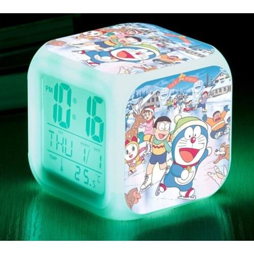 Doraemon Cartoon LED Color Changing Digital Clock Toys For Kids Alarm Clock Desk Wake Up Light Glowing Electronic Reveil