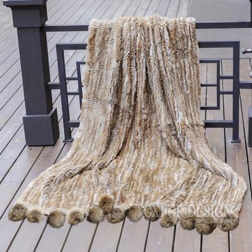 CX-D-108A Decorative Sofa Fur Blanket Rabbit Fur Knitted Throw With Raccoon Fur Pom Pom