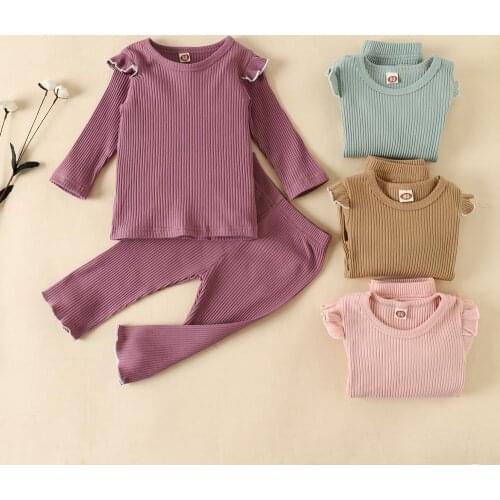 Children Ribbed Fitted Pajamas Kids Cotton Shirring Top and Pants Set Unisex Girls & Boys PJS Autumn Petal Sleeve Sleepwear