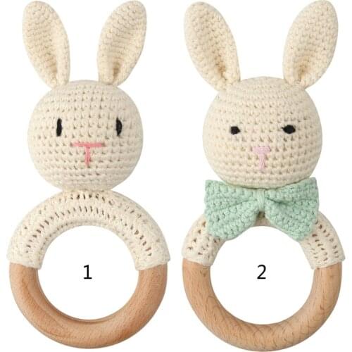 Baby Wooden Teether Ring DIY Crochet Bunny Rattle Newborn Pram Crib Toy Soother Bracelet Teething Molar