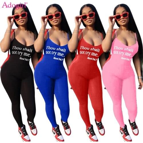Adogirl Thou Shall Not Try Me Letters Print Spaghetti Straps Cotton Jumpsuit Women Sexy Casual Camisole Romper Stretchy Overalls