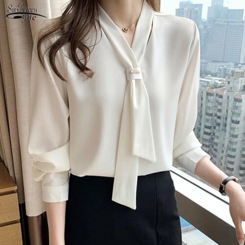 Korean Office Chiffon Blouse Women And Tops 2021 New Long Sleeve White Shirt with Tie Fashion V Neck Loose Women Clothing 13022