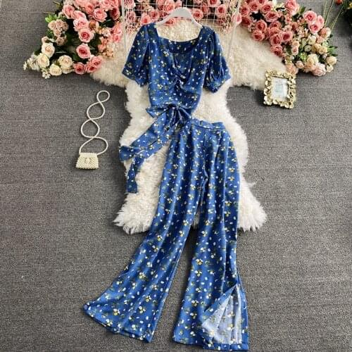 Summer Elegant Womens Chiffon Pant Set Bowknot Backless Short Sleeve Floral Top Split Wide Leg Pants 2 Piece Set Female Outfit