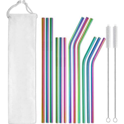Reusable Drinking Straw Stainless Steel Straw Set High Quality Metal Colorful Straws With Cleaning Brush Bar Party Accessories