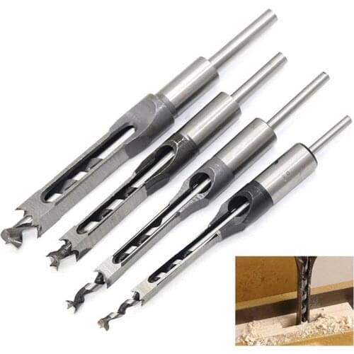 4PCS HSS Twist Drill Bits Square Auger Mortising Chisel Drill Set Square Hole Woodworking Drill Tools Kit Set Extended Saw