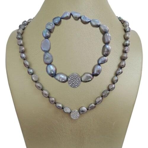 100% NATURE FRESHWATER PEARL JEWELRY SET NECKLACE AND BRACELET-BAROQUE SHAPE IN GRAY COLOR PEARL WITH CRYSTAL ACCESSORIES